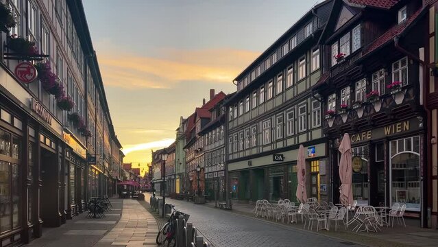 German traditional architecture fachwerk wooden houses in historical center Wernigerode, Saxony-Anhalt, Germany, August 20, 2023 . High quality 4k footage