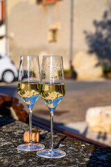 Tasting of premier cru sparkling white wine with bubbles champagne with view on old houses of...
