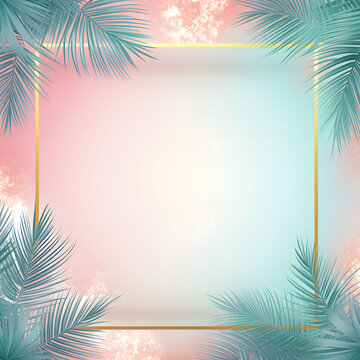  Simple effect gold frame with straight lines and green  palm leaves on a pastel pink background, nature AI concept.
