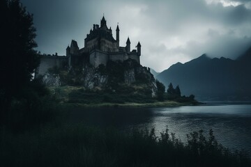 An ominous fortress amidst mountains overlooking a lake, featuring gothic architecture and enveloped in darkness and magic. Generative AI - obrazy, fototapety, plakaty