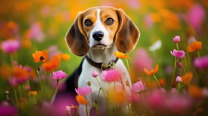 Beagle sniffing around a blooming meadow