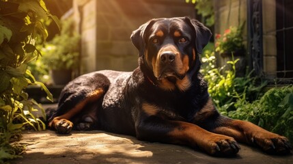 Rottweiler resting but alert in a garden