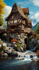 Old house in the mountains with a river crossing in front. Illustration. Created with generative ai technology - 649927837