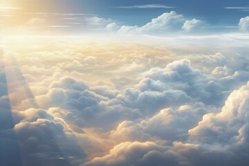 Overhead view of stormy clouds in sunlight, panoramic cloudy sky from high flight, rendered in 3D. Generative AI - obrazy, fototapety, plakaty