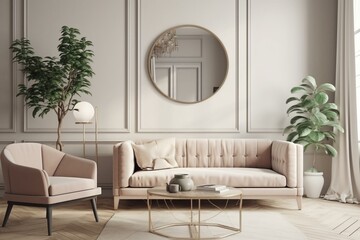 Pastel living room with beige sofa, mockup frame, luxury sofa, pillow, plants, coffee table, chair. Generative AI