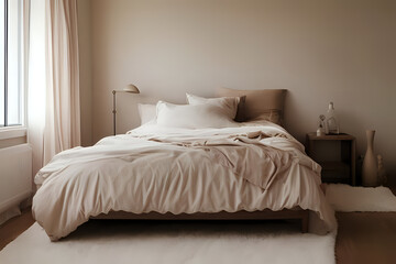 Fototapeta na wymiar Aesthetic composition of King-size bed with beige bed linen in adorable bedroom. Low view