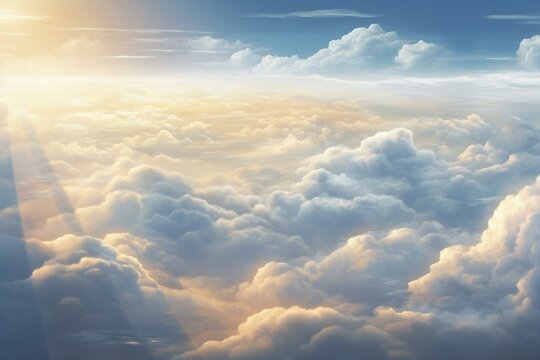 Overhead view of stormy clouds in sunlight, panoramic cloudy sky from high flight, rendered in 3D. Generative AI