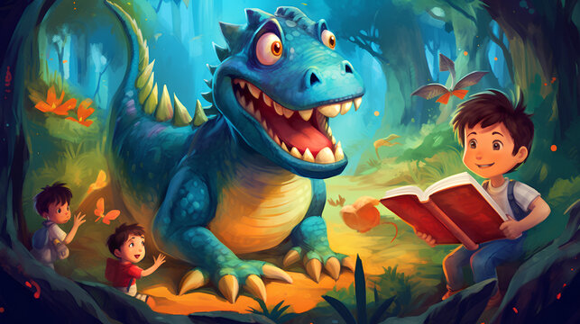 Funny cartoon about dinosaurs and children. A small child is reading a book about dragons.