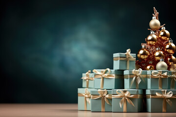 various wrapped christmas present with ribbons under christmas tree. copy space.