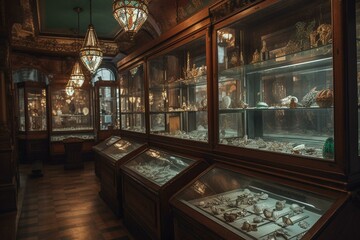 An old-fashioned jewelry shop displaying unique pieces in glass showcases and shelves. Generative AI