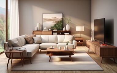 Living room with a sofa, coffee table, wooden TV cabinet. Generative AI