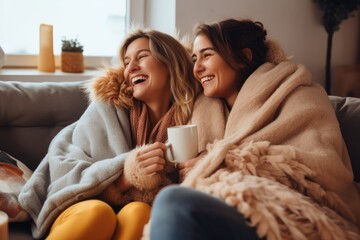 Obraz na płótnie Canvas Young woman lesbian couple in sweater embracing girlfriend. Cheerful couple drinking coffee while sitting under the covers on the couch at home. Cozy autumn winter atmosphere.