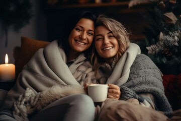 Young woman lesbian couple in sweater embracing girlfriend. Cheerful couple drinking coffee while sitting under the covers on the couch at home. Cozy autumn winter atmosphere. - obrazy, fototapety, plakaty