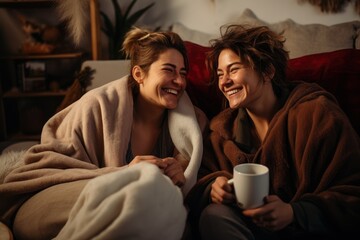 Young woman lesbian couple in sweater embracing girlfriend. Cheerful couple drinking coffee while sitting under the covers on the couch at home. Cozy autumn winter atmosphere. - obrazy, fototapety, plakaty