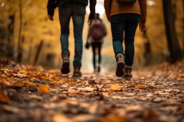 friends walking on a road full of fallen leaves in autumn - obrazy, fototapety, plakaty