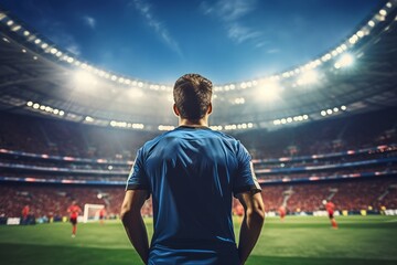soccer player seen from behind contemplating the whole football stadium full of fans - obrazy, fototapety, plakaty