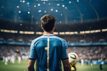 soccer player seen from behind contemplating the whole football stadium full of fans