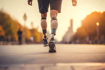 man with prosthetic legs walking on the street - obrazy, fototapety, plakaty