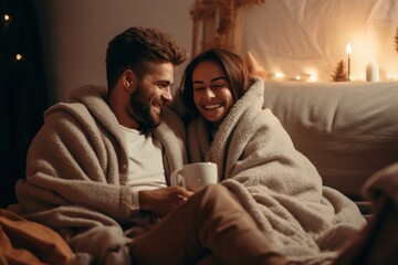 Cheerful young men sipping their coffee while wrapped in warm blankets on the couch at home. The room emanates a cozy autumn-winter atmosphere, with soft lighting casting a gentle glow. Gay couple. - obrazy, fototapety, plakaty