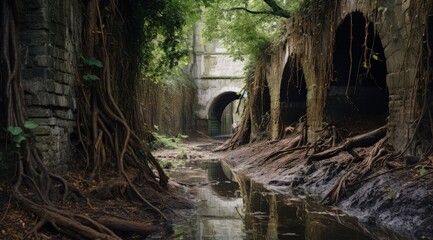 Sewer tunnel with trees in the background, environmental pollution. Generative AI - obrazy, fototapety, plakaty
