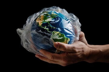 Hand holding a plastic bag with planet Earth inside, black background. Generative AI