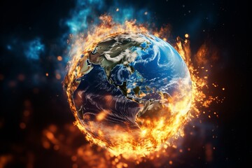 planet earth burning in flames caused by global warming