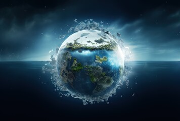 Fototapeta na wymiar Planet Earth half immersed in water. Generative AI