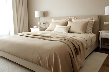 Obraz premium Aesthetic composition of King-size bed with lamp and beige bed linen in adorable bedroom