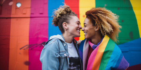 LGBTQ + couple wrapped in a rainbow flag, smiling at each other, urban graffiti wall background,...