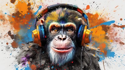 candid shot of an excited party monkey ape with headphones. beautiful Generative AI AIG32 - obrazy, fototapety, plakaty