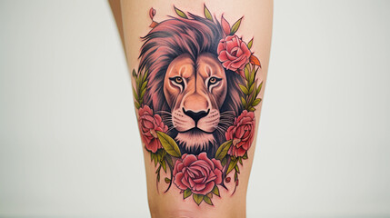 neo - traditional tattoo of a lion's head, on a calf, set against a minimalist white backdrop, medium format film