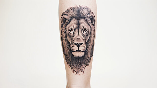 neo - traditional tattoo of a lion's head, on a calf, set against a minimalist white backdrop, medium format film