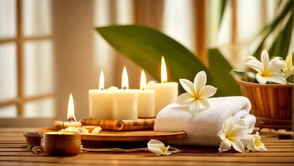 Papier Peint Lavable Spa Candles, towel, flower, spa salon concept