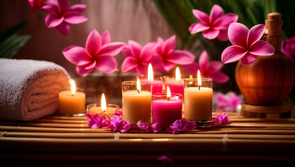 Fototapeta na wymiar Candles, towel, flower, spa salon concept