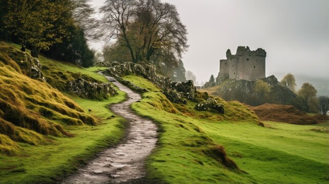 Age old rocky walking path leading towards abandoned castle ruins, remnants of fortified stone walls remain covered in grass and moss, reminiscent of Scottish highlands with distant valley views.