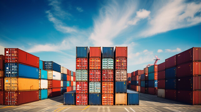 Shipping Containers Stacked High in a Storage Yard, Logistics