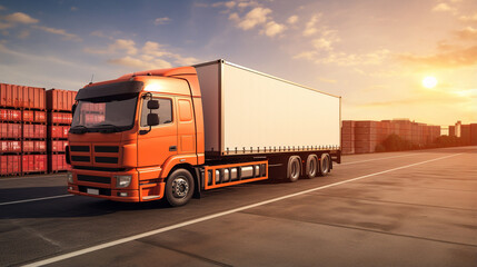 Fototapeta na wymiar Truck Loaded with Goods Leaving a Distribution Center, Logistics