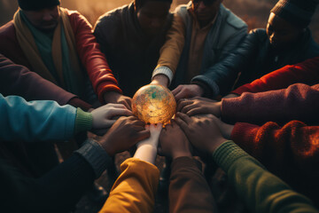 A group of diverse people holding hands around the world, symbolizing global solidarity in addressing the mental health impact of social isolation. Generative Ai. - obrazy, fototapety, plakaty