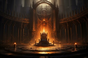 Throne encircled by torches in a mythical background. Generative AI