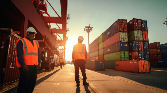 Port Workers Securing Containers for Transport, Logistics