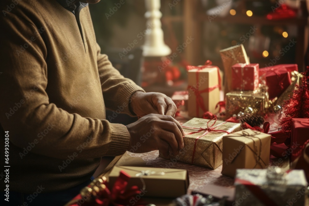 Poster a man is seen wrapping presents on a table in front of a beautifully decorated christmas tree. this 