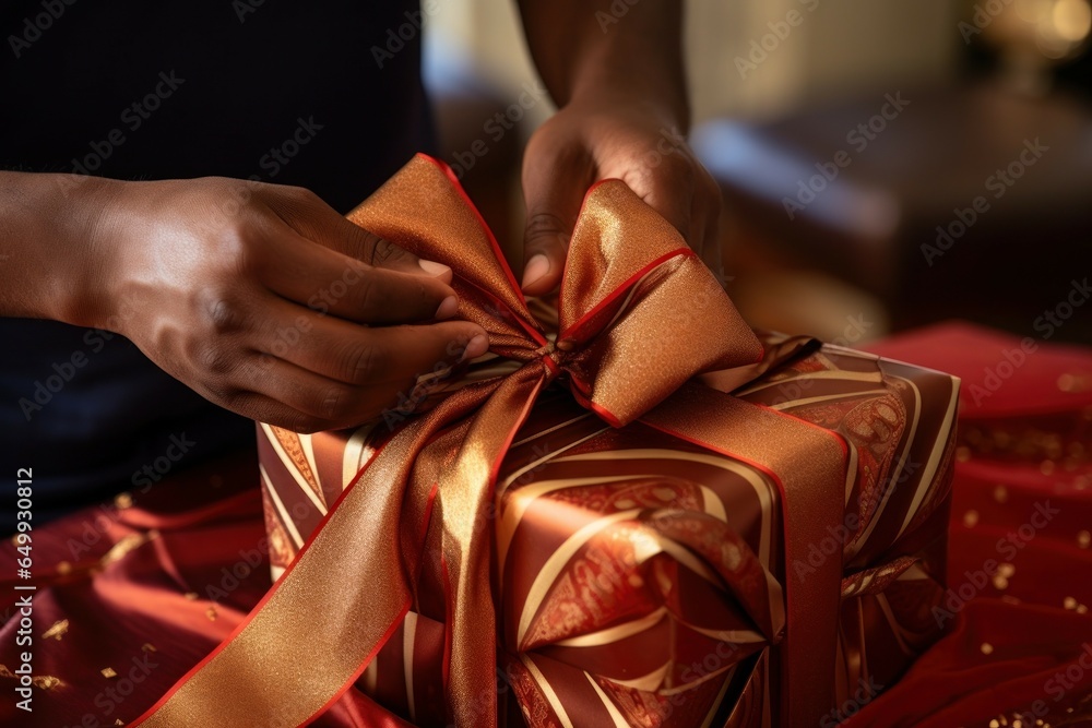 Poster a person is shown wrapping a gift with a red ribbon. this image can be used for various occasions an