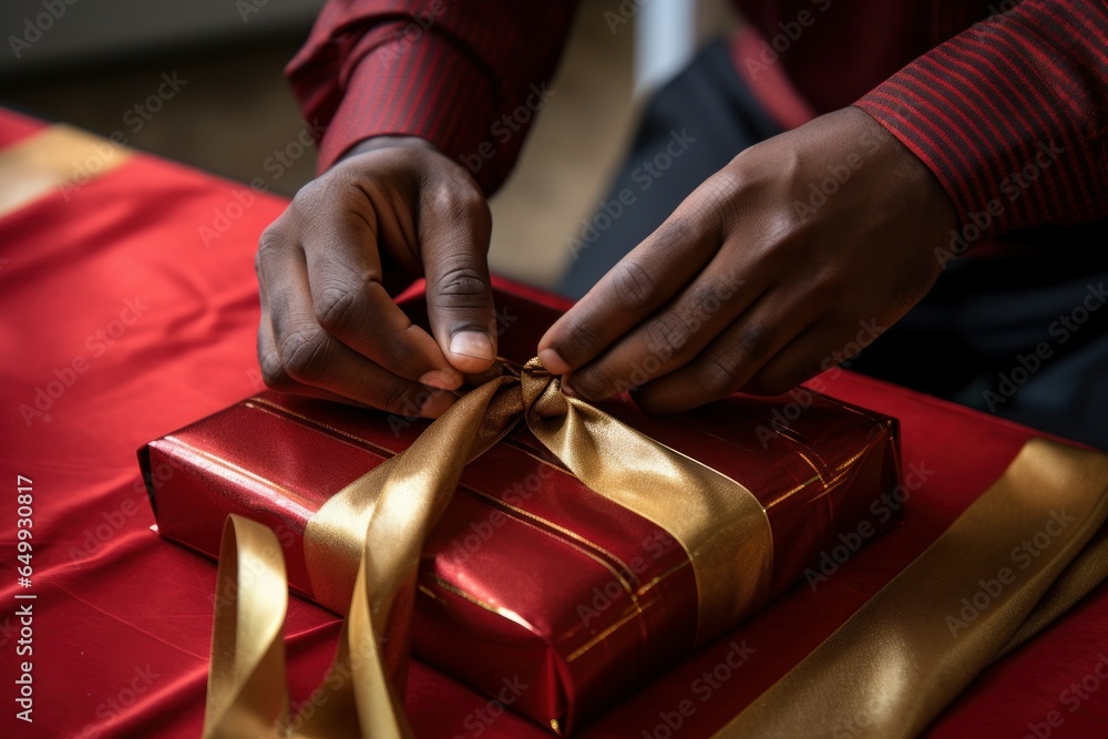 Poster a person is shown tying a gold ribbon on a red present. this image can be used for various occasions