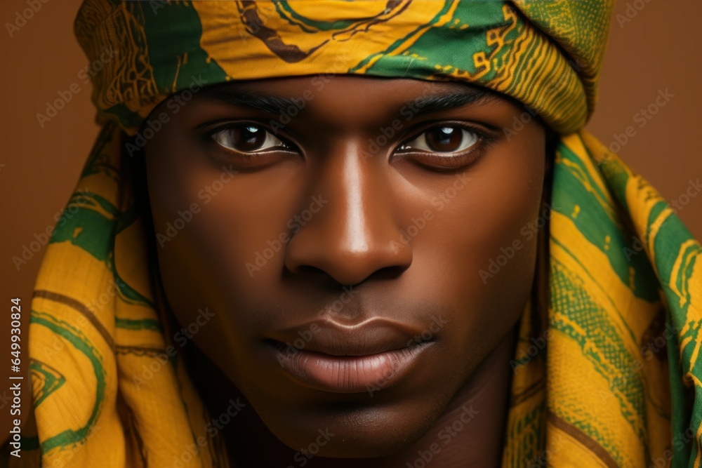 Poster a close-up photograph of a person wearing a head scarf. this image can be used to represent cultural