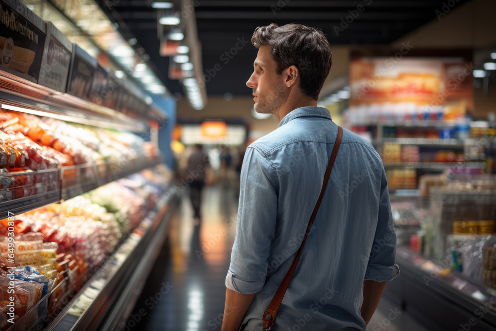 Poster a shopper navigating a bustling supermarket aisle, emphasizing the impact of store layout and produc