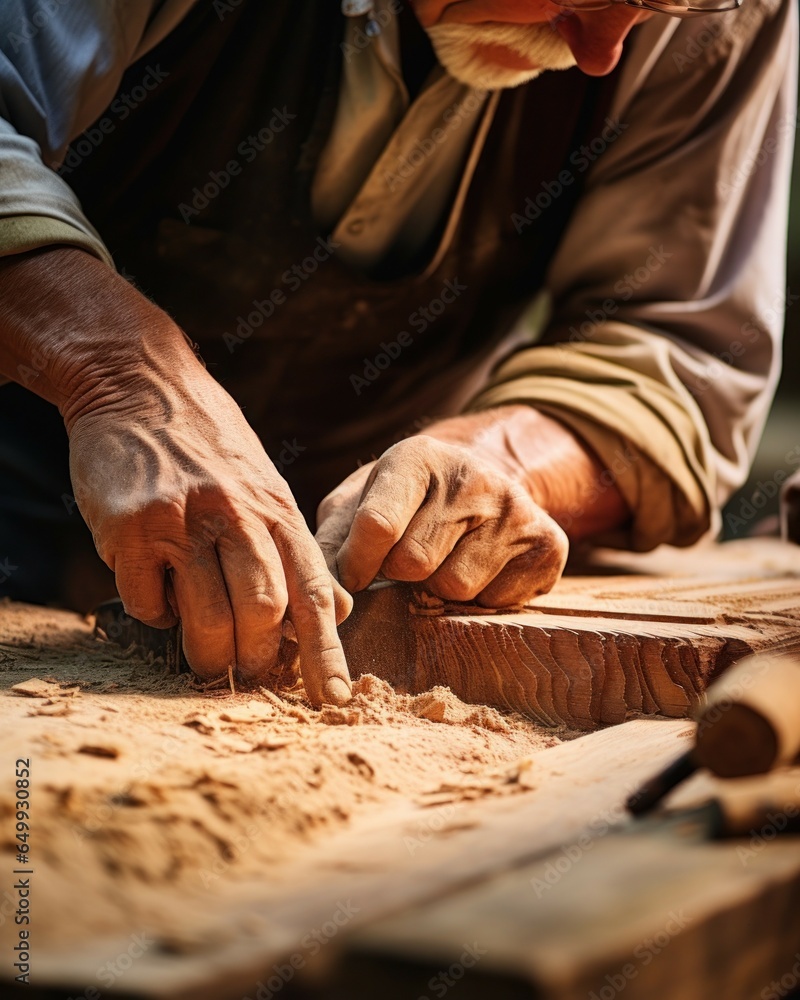 Poster a man is seen working on a piece of wood. this image can be used to showcase woodworking, craftsmans