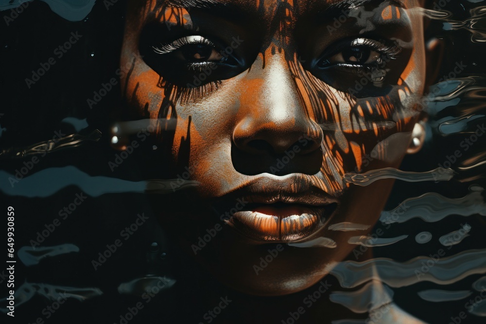 Poster a close up shot of a woman's face submerged in water. this image can be used to depict concepts of s