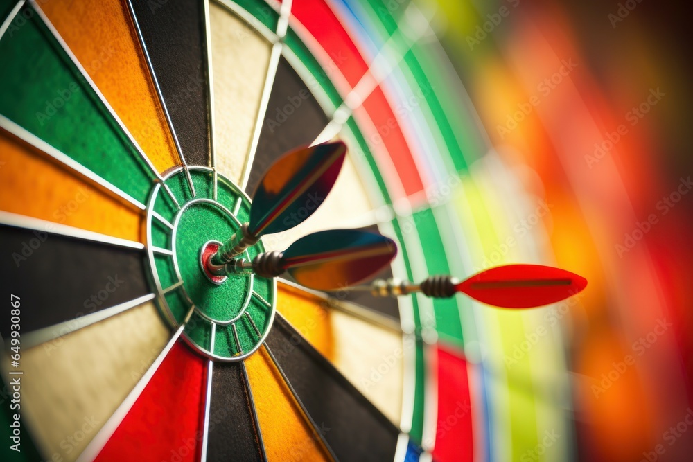 Poster A close-up shot of a dart hitting a bulls eye target. This image captures the precision and accuracy of the throw. Ideal for illustrating success, achievement, goal setting, or target-oriented concept