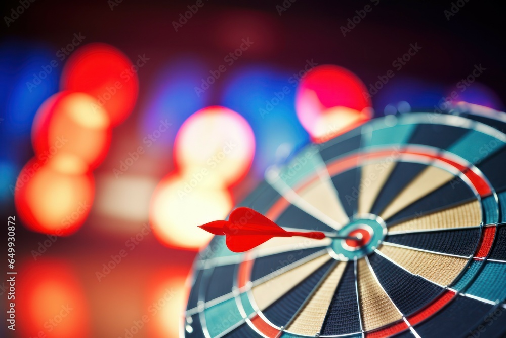 Poster A dart is seen hitting the center of a dart board, demonstrating a perfect aim. This image can be used to symbolize success, precision, accuracy, and goal achievement. It is suitable for sports-relate
