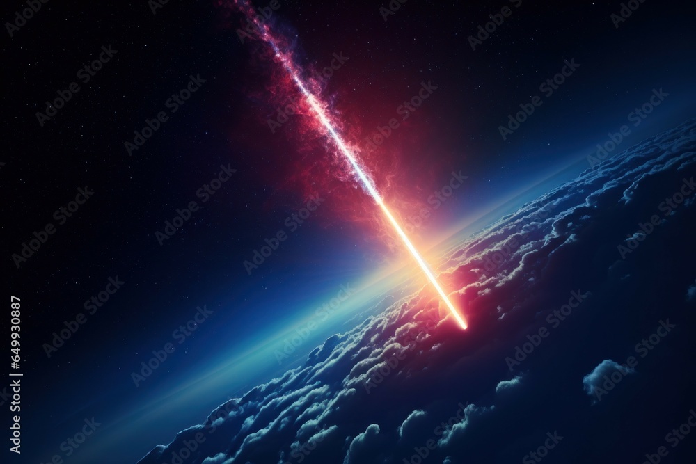 Poster A captivating view of the Earth from space, illuminated by a powerful beam of light. This image can be used to represent hope, inspiration, or the concept of discovery.